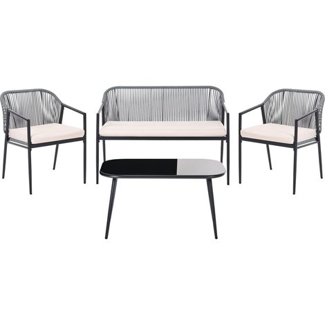 Garden Set Black PE Rattan 4 Seater Fabric Cushions with Removable Covers Steel Frame Armchairs Sofa Table Modern FLERO (1/5)