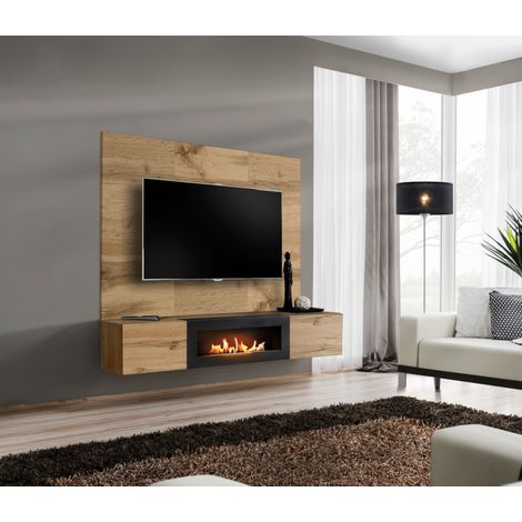 Ensemble meuble TV mural Switch PRK avec cheminée bioéthanol - Bois MDF chêne Wotan - 180 x 148 x 40 cm - Livraison gratuite