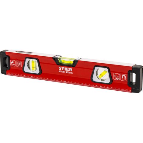 STIER Premium Wasserwaage, mit Magnet und drei Libellen, 400 mm, 0,5 mm/m, vertikal und horizontal messen, Spiegel-Lotlibelle, präzise Messung, Aluminiumlegierung, doppelt gefräste Oberfläche