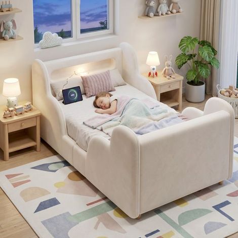 Lit enfant 90x200cm, lit rembourré, lit simple, avec barrière de sécurité, veilleuse, port USB et rangement, velours, beige (1/5)