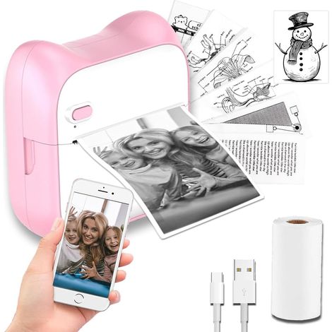 Imprimante d'autocollants thermique sans encre portable, compatible iOS et Android, avec 1 rouleau de papier rose (1/5)