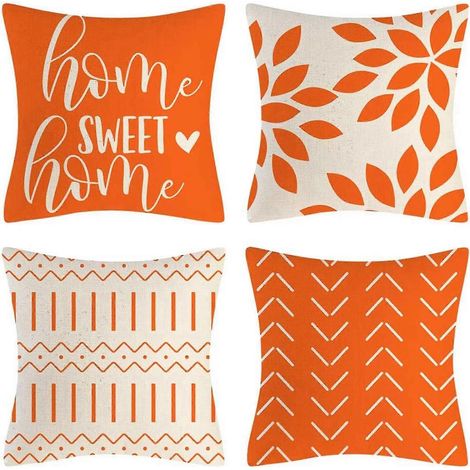 Lot de 4 housses de coussin orange 45x45 cm, en lin décoratif. (1/5)