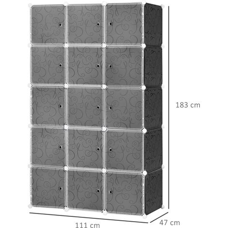 Étagère cubique à monter soi-même pour dressing, 2 grands et 9 petits cubes, meuble de rangement polyvalent pour chaussures, livres et jouets, noir, dimensions 111 x 47 x 183 cm. (1/5)