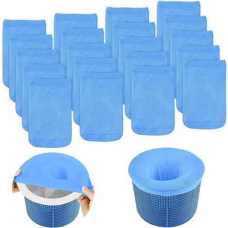 Lot de 20 Chaussettes de skimmer, Filtres en nylon lavables, Accessoires pour panier de piscine, Protection contre débris fins, Bleu (1/5)