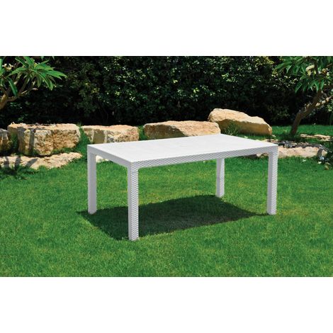 Dmora - Mesa de jardín Pickering, Base de picnic, Mesa de comedor de jardín, Banco multiusos para exterior, 95x161 h75 cm, Blanco (1/4)