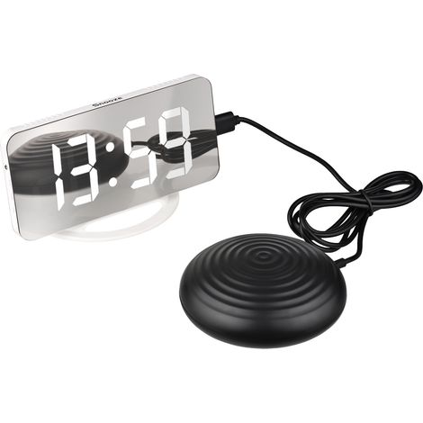 Despertador digital vibratorio con espejo, pantalla grande y brillante, dos puertos USB y función de repetición de alarma para quienes tienen el sueño profundo [Despertador con espejo/ABS/Blanco/Tamañ (1/5)