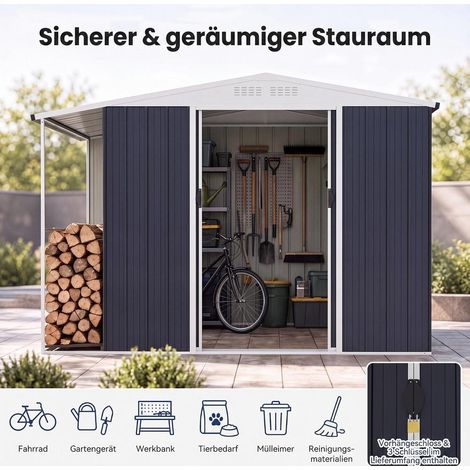 200 pi³ Abri de Jardin Métal avec Bûcher Stockage Outils et Bois de Chauffage pour Extérieur et Vélos Gris (1/5)