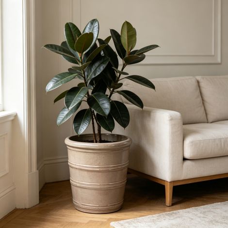 Pot de fleurs individuel en céramique faite à la main (Ø 40,5 cm), brun taupe brillant avec texture rainurée horizontale, respirant, résistant au gel, avec trous de drainage pour grandes plantes d'int (1/5)