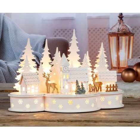 Spetebo – Scène de ville de Noël LED 30 cm – 10 LED blanc chaud – En bois décoratif pour intérieur – Compartiment à piles caché