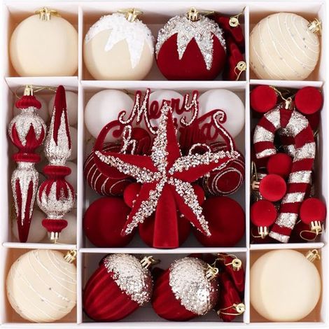 Lot de 68 boules de Noël (rouge bordeaux et blanc cassé) – Décorations à suspendre en peluche rouge et finition peinte (1/3)