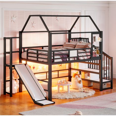 Cama alta infantil 140x200 cm en metal negro con tobogán, escalera con estantes, barra para ropa y LED Bluetooth, diseño casita para dormitorio -FLORAGRACE (1/5)