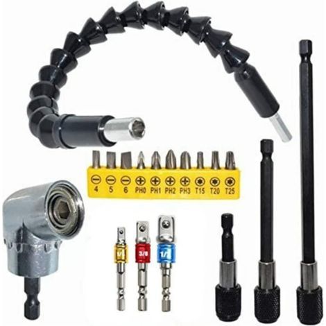 Pièces d'outils d'alimentation en Acier chromé-Vanadium 18 pcs, Flexible 105 degrés de l'angle Droit de Foret d'extension d'extension de la Prise de Courant (1/5)