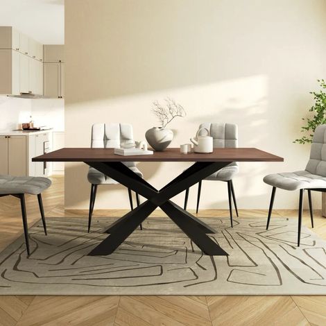 Tavolo rettangolare 180x90cm top in MDF 25mm effetto legno scuro e gambe incrociate in acciaio nero Arvid (1/4)