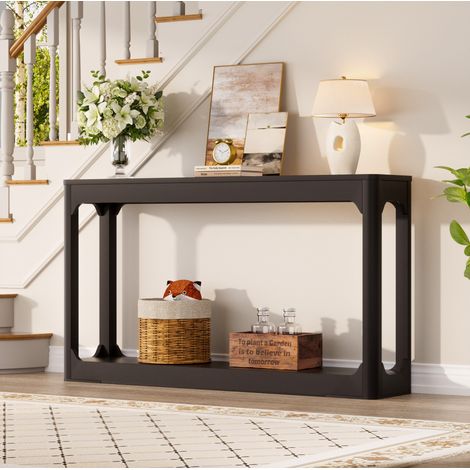 Table console 140xx cm noire en MDF avec 2 niveaux de rangement (1/5)