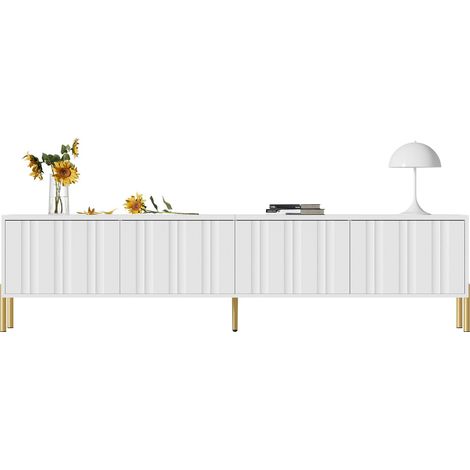 Meuble TV blanc, 190 cm de long x 38 cm de large x 48 cm de haut, pieds de table dorés, porte rainurée