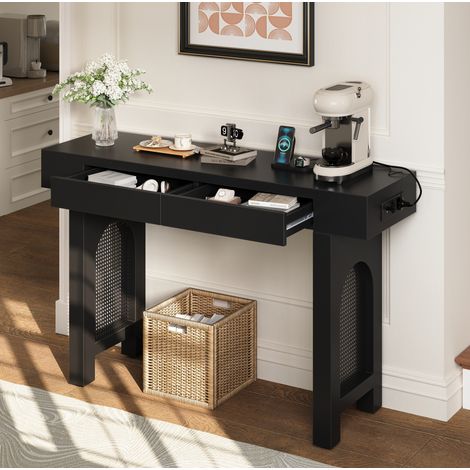 Tavolo consolle 120x35,5x76,5 cm nero con 2 cassetti e prese integrate, MDF MEUBLIV (1/5)