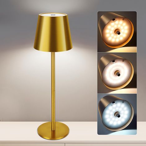 Lampada da tavolo dimmerabile senza fili, batteria ricaricabile da 1200 mAh, controllo touch LED dimmerabile a 3 colori, con USB-C, impermeabile per interni ed esterni, camera da letto (oro) [classe e (1/5)