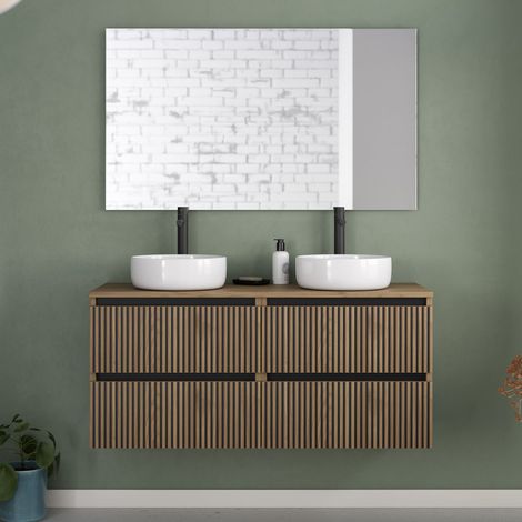 Meuble de salle de bain 120cm avec plateau et 2 vasques à poser rondes - 4 tiroirs - noyer (bois foncé) - VENERIA (1/5)
