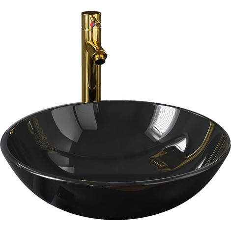 Lavabo de bain avec robinet et drain à poussoir vasque à poser de toilette lave-mains de salle de bain lavabo de salle d'eau diamètre 42 cm verre trempé noir