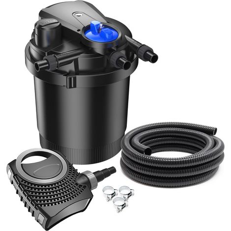 SunSun Komplettset: CPA-2500 Teichdruckfilter bis 6000 L mit 11 Watt UV-C Teichklärer, NEO-2800 SuperECO Teichpumpe 3000l/h 10W, 5m Teichschlauch 32 mm (1 1/4"), Schlauchschellen W1 44-47mm (1/5)