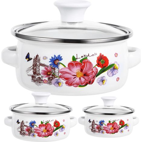 Marmites à Soupe Émaillées Ensemble de 3 Double Poignée Fond Plat Motif Floral pour Cuisson sur Plaques Induction et Préparation de Soupes Laitières (1/5)