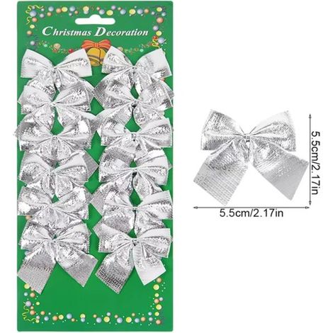Lot de 12 nœuds de Noël argentés - 6 x 5,6 cm - En tissu - Pour sapin de Noël - Décoration de Noël (1/5)