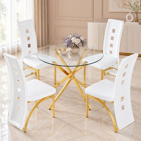 Runder Esstisch mit 4 Stühlen, gehärtetes Glas 88 cm, Weiß und Gold (1/5)