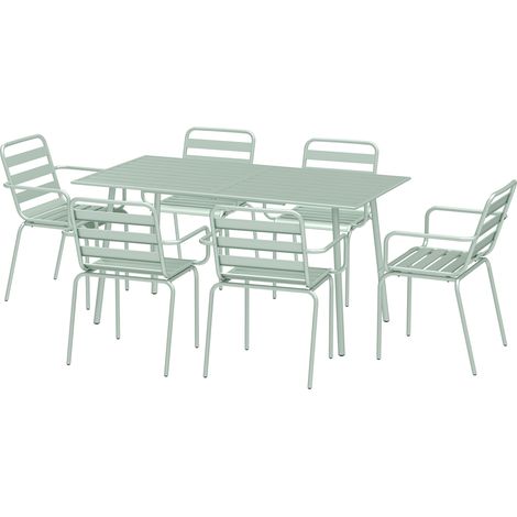 7-teiliges Garten-Essset mit 1 Tisch und 6 stapelbaren Stühlen aus hellgrünem Stahl (1/5)