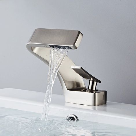 Robinet de lavabo tout cuivre, design luxueux doré avec effet cascade créatif, robinet monotrou pour lavabo, eau chaude et froide. (1/5)