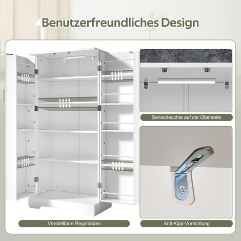 Meuble de cuisine multifonctionnel 60x35x128cm blanc, avec éclairage LED à détecteur, étagères réglables en hauteur, double porte avec rangement, protection anti-bascule, idéal pour cuisine, salon et  (1/5)