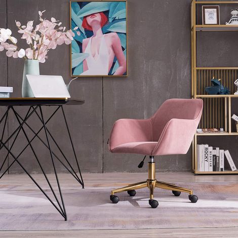Modern velvet office chair, height adjustable, 360° swivel, with gold metal legs and universal wheels for home and office (pink) (1/5)