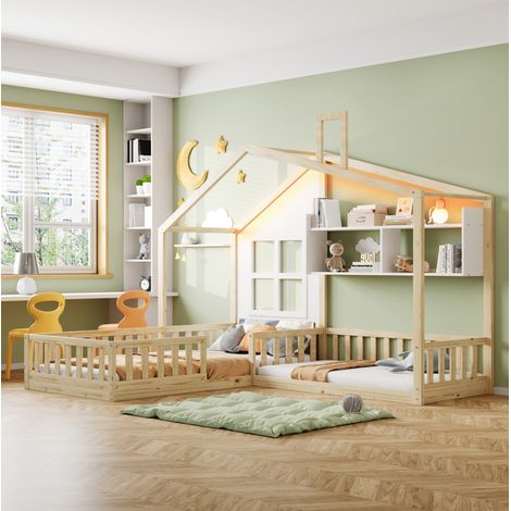 CHICFURN Letto a casetta bambino 90x200/140x70 cm in legno naturale con ripiani e LED (1/5)