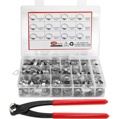Pinces de tuyau d'oreille simples de 180PCS,pinces de tuyau de sertissage de 12 tailles 5,3-33,1mm avec pince de pinces d'oreille,kit d'outils de montage de pince de sertissage en acier inoxydable304