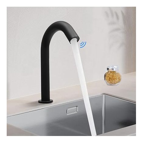 Robinet infrarouge, mitigeur de lavabo avec capteur automatique, robinet automatique de salle de bain sans contact, noir (1/5)