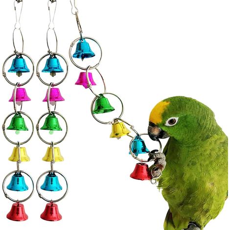 Lot de 3 jouets pour perroquets : clochette, jouet coloré à mâcher et à suspendre en cage, pour perroquets aras, 10