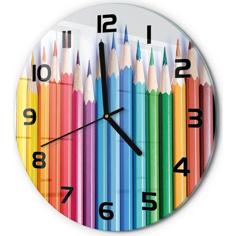 Horloge Murale Ronde Quartz Verre Trempé Design Moderne Salon Chambre Bureau Crayons de couleur fi 30 cm (1/5)