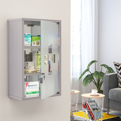 Armoire à pharmacie 50 x 30 x 18 cm, trousse de premiers secours mobile pour salle de bain en acier inoxydable avec serrure