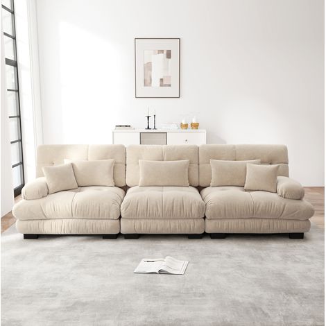 Sofá rinconero modular de 3 plazas, asiento profundo, chenilla, gris claro DESVIAE (1/5)