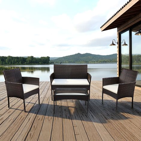 Randaco Salon de jardin 4 pièces en résine tressée avec 2 fauteuils, canapé 2 places, table en verre et coussins, marron (1/5)