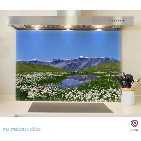 Fond de hotte : Fleurs et Lac de Montagne - Verre trempé - 90 cm - 60 cm (1/5)