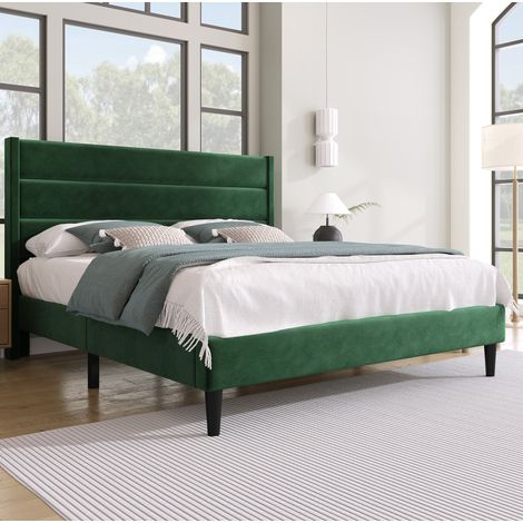 DESVIAE Lit double rembourré 140 x 200 cm avec matelas à ressorts ensachés 7 zones tête de lit en velours vert foncé sommier à lattes et espace de rangement sous le lit (1/5)