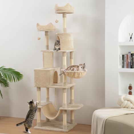 Grand Chat Griffant Arbre Haut 206 Plusieurs Niveaux Grottes Ballons Suspendus Hamacs Animaux Compagnie Beige (1/4)