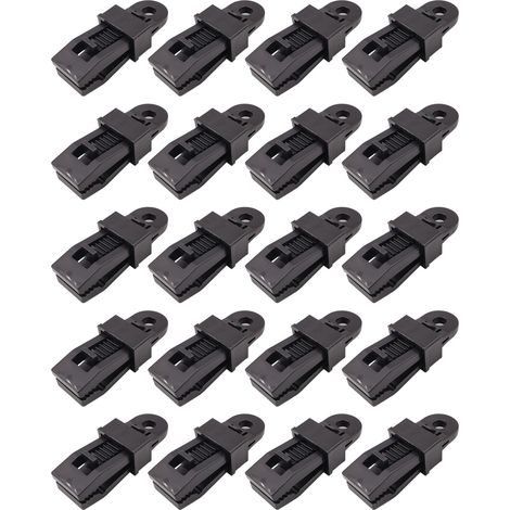 Lot de 20 pinces de bâche robustes avec système de verrouillage - Pinces en plastique noir durable, multi-usages - Idéales pour les tentes, les toiles d'ombrage, les abris extérieurs et le camping.