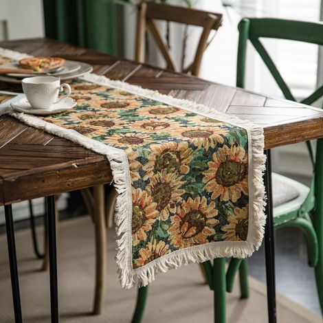 Nappe de table en jute à motif tournesol jacquard style américain avec franges, décoration de table pour fête, 30x120cm (1/5)