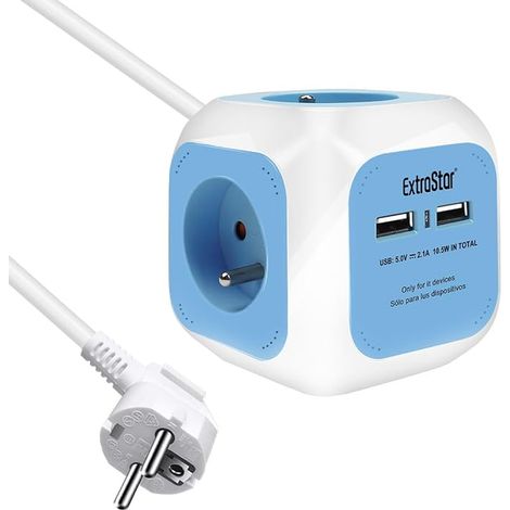EXTRASTAR Multiprise Cube, Bloc Multiprises avec 4 Prises et 2 Ports USB, Chargeur USB Multiple, Multiprise Electrique pour Bureau, Maison, 1,5 m, Bleu (1/4)