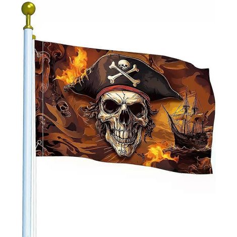 Drapeau pirate en forme de crâne, en polyester résistant aux intempéries, avec des flammes éclatantes et un motif de navire. Décoration extérieure durable. (1/5)