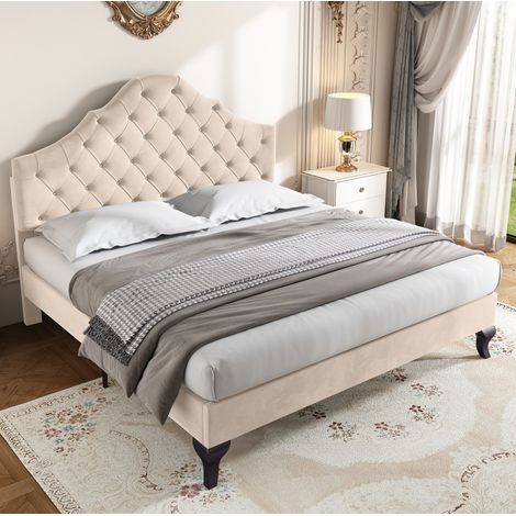 Cama tapizada 140x190 cm de terciopelo beige, fácil de montar, sin colchón FloraGrace (1/5)
