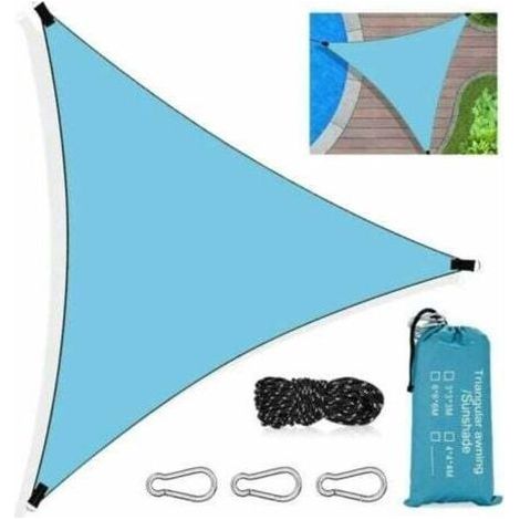 Voile d'ombrage triangulaire, tissu d'ombrage triangulaire imperméable de protection UV avec corde, mousqueton et sac de rangement pour cour, jardin, terrasse, piscine extérieure (bleu) (1/4)