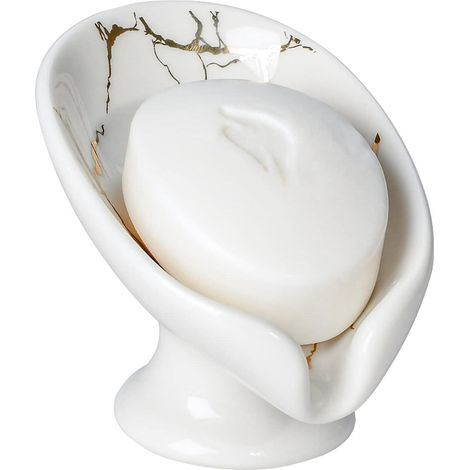 Porte-savon en céramique, porte-savon feuille auto-drainant, aspect marbre, porte-savon blanc pour salle de bain, facile à nettoyer, garde le savon au sec, anti-humidité. (1/5)
