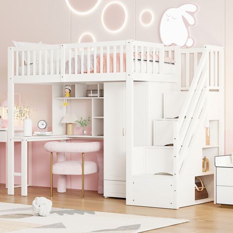 Letto a soppalco in legno massello bianco 90x200 cm con armadio, scrivania, scaffale e scala con cassetti (1/5)